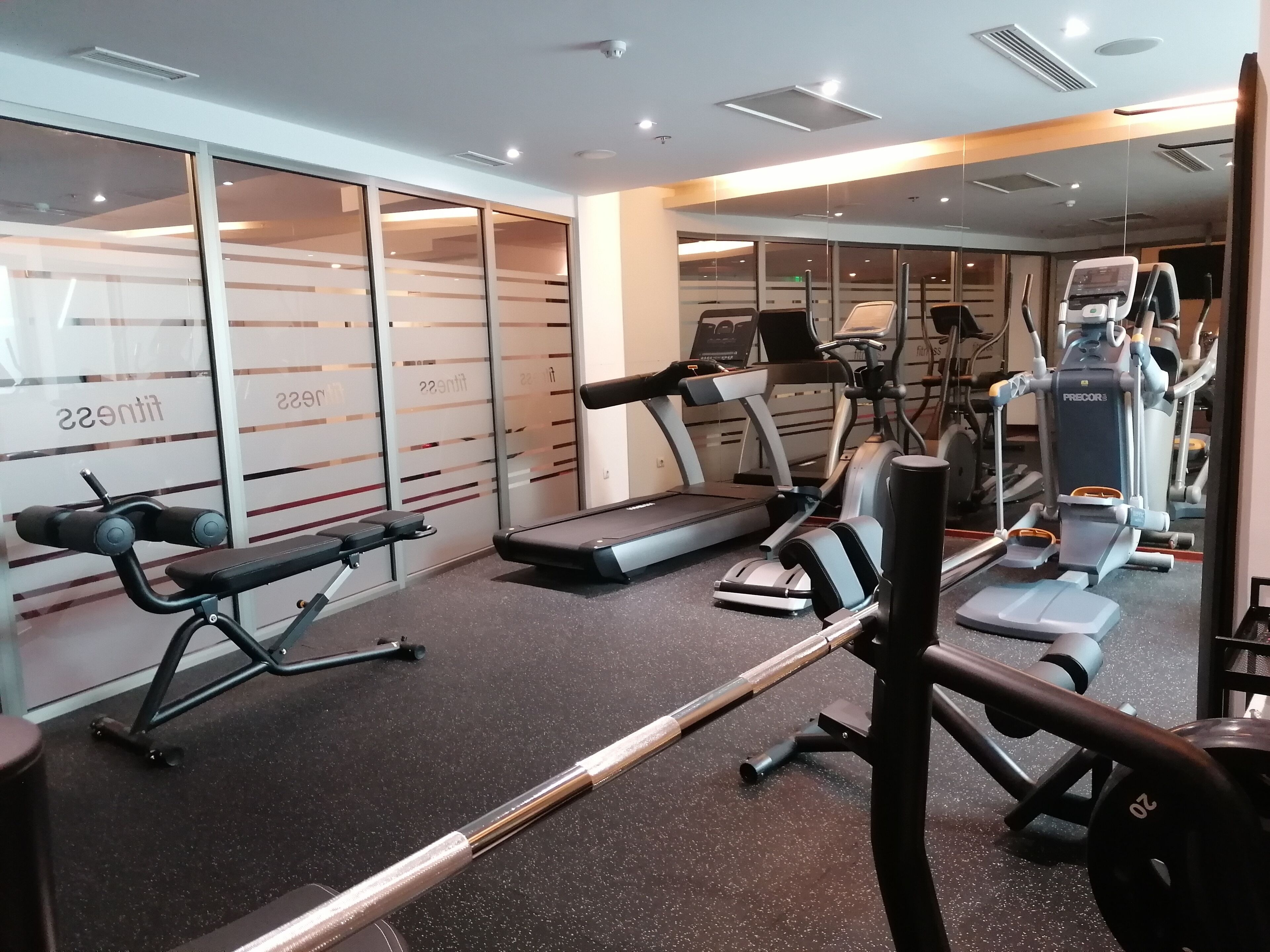 A gym with treadmills, weight machines, and a bench.