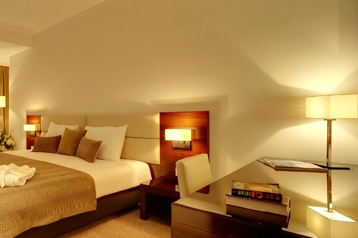 A hotel room with a large bed, bedside tables, a desk, and a chair.
