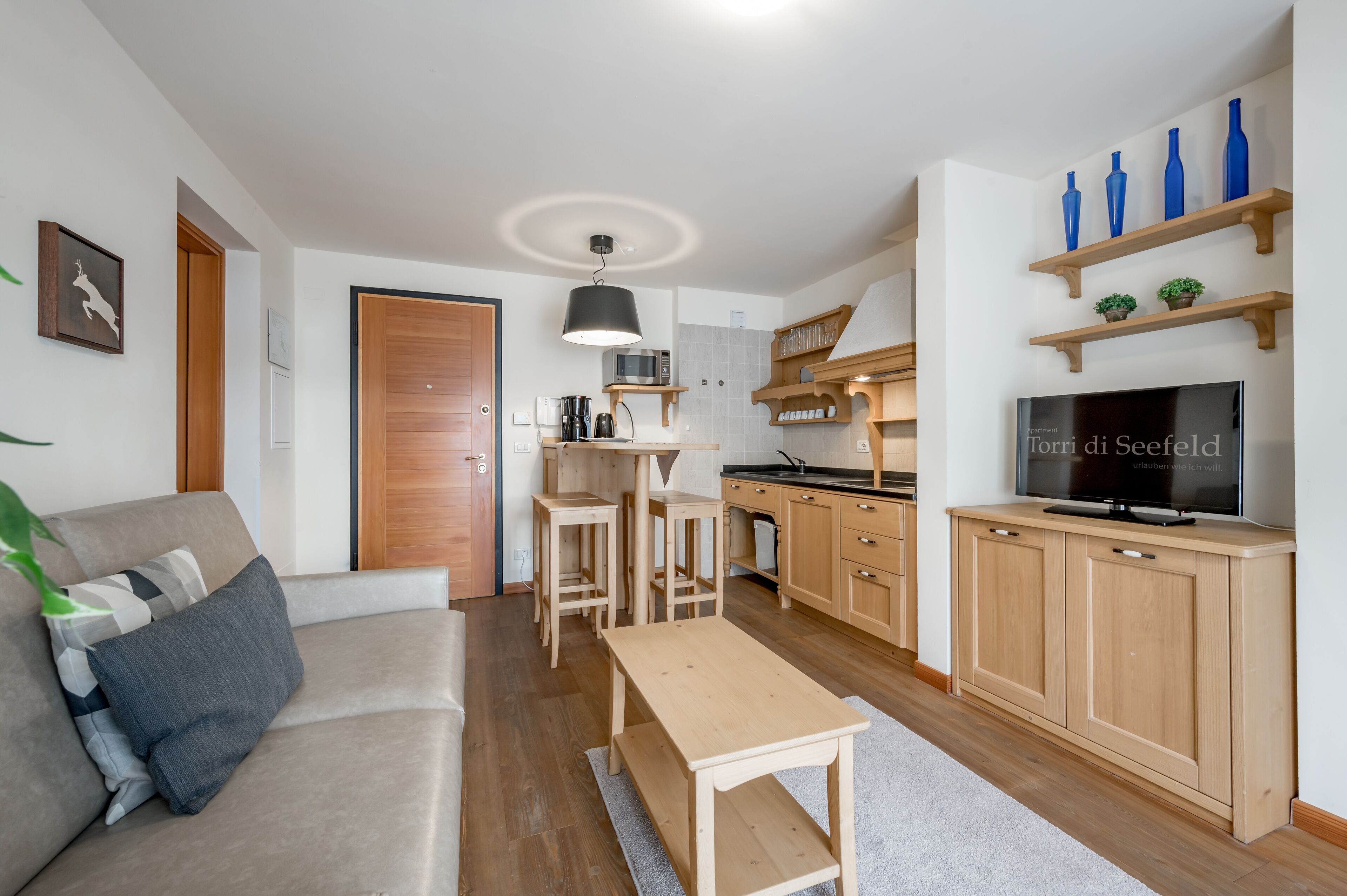 Una sala moderna con un sofá, una mesa de centro y un televisor sobre un mueble de madera.