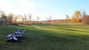 Un campo cubierto de hierba con sillas Adirondack y una mesa.
