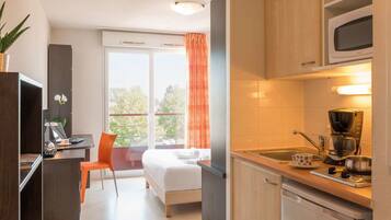 Fridge, microwave, stovetop, espresso maker