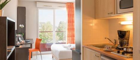 Fridge, microwave, stovetop, espresso maker