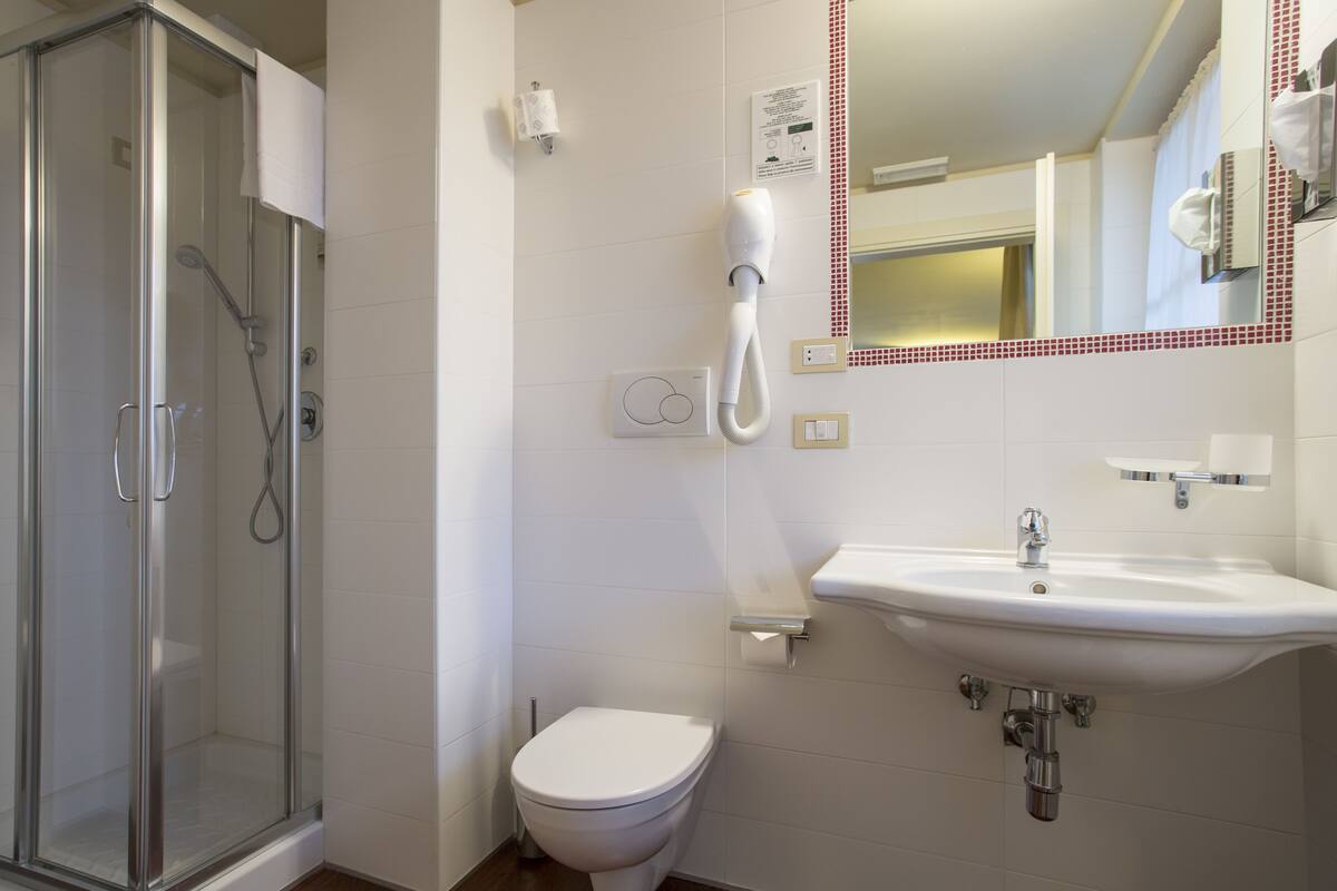 shower, hair dryer, bidet, towels