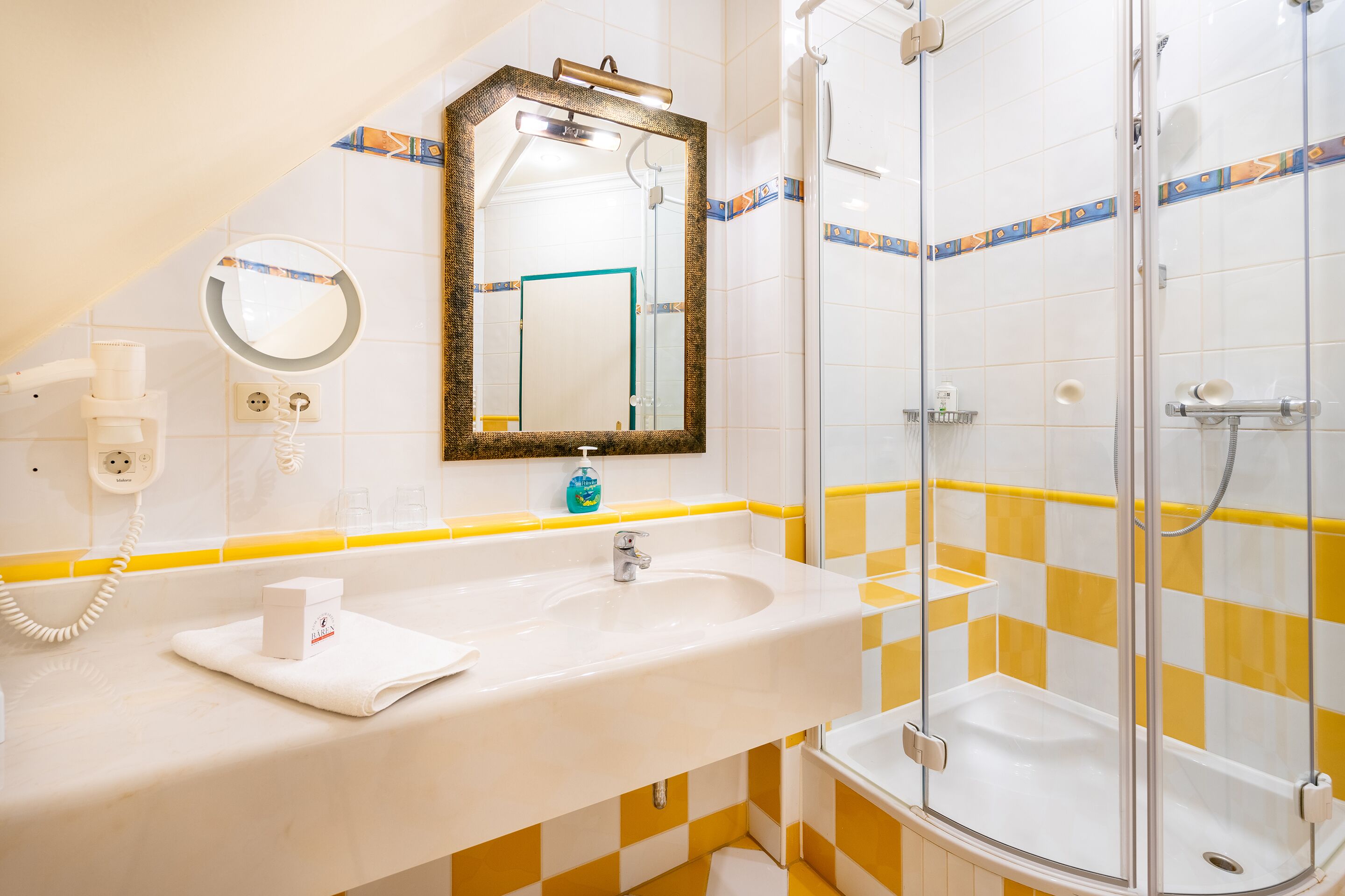 free toiletries, hair dryer, towels, soap