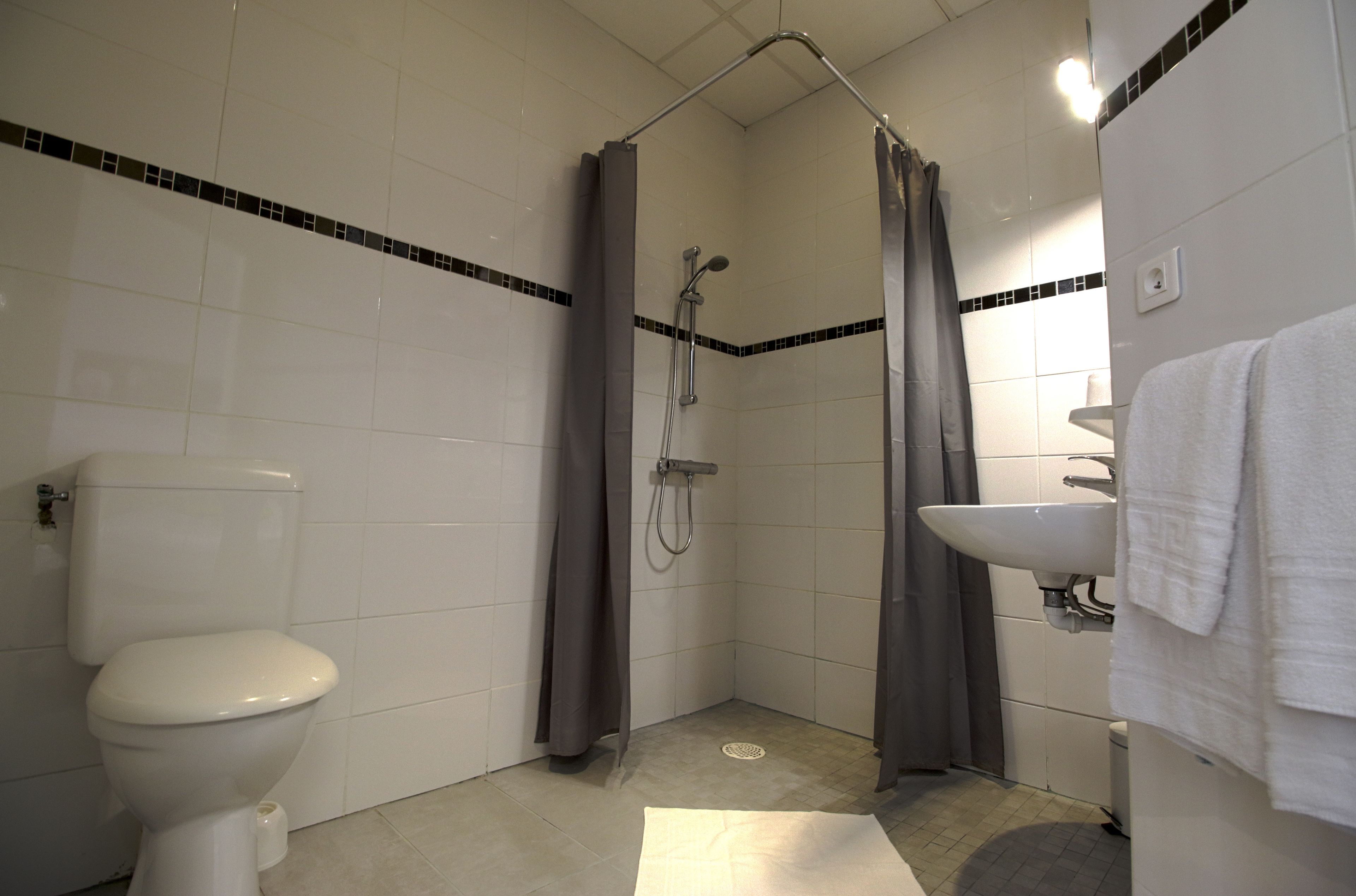 Ein Badezimmer mit Toilette, Dusche und Waschbecken.