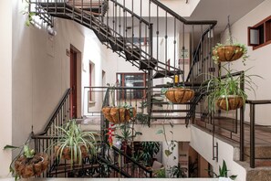 A multi-level interior with a spiral staircase, multiple hanging planters, and a variety of indoor plants. - Hotel Casa Deco (Bogotá)