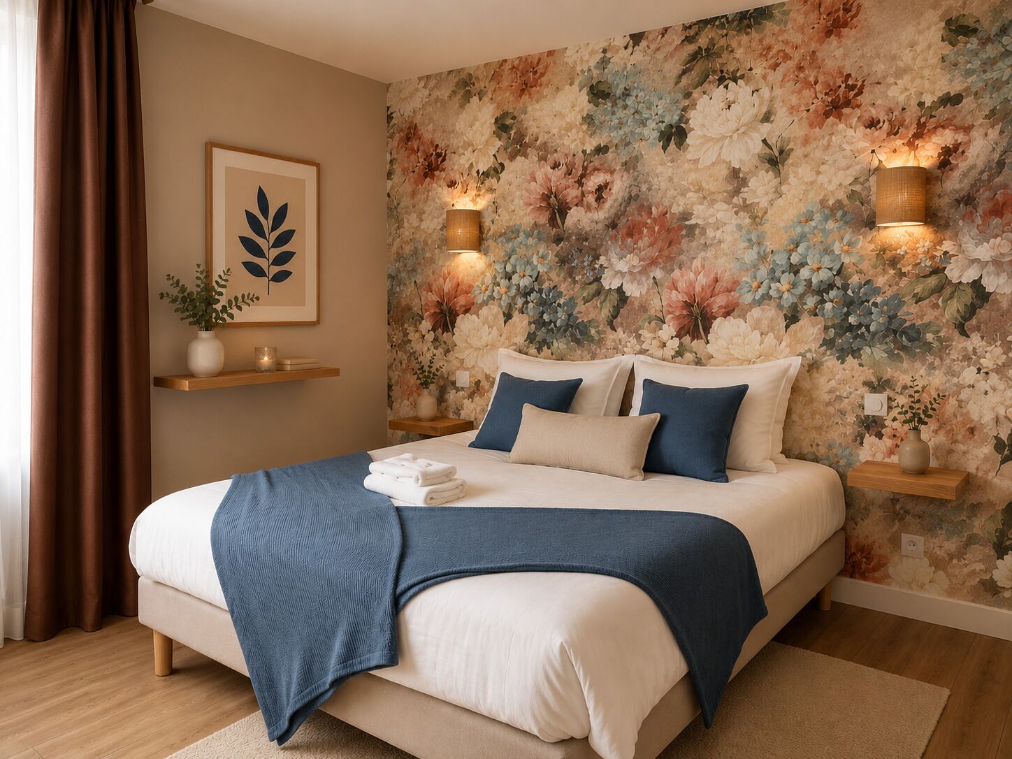 A bedroom with a floral wallpaper, a bed with blue and white bedding, two wall-mounted lamps, and a framed artwork on the wall.