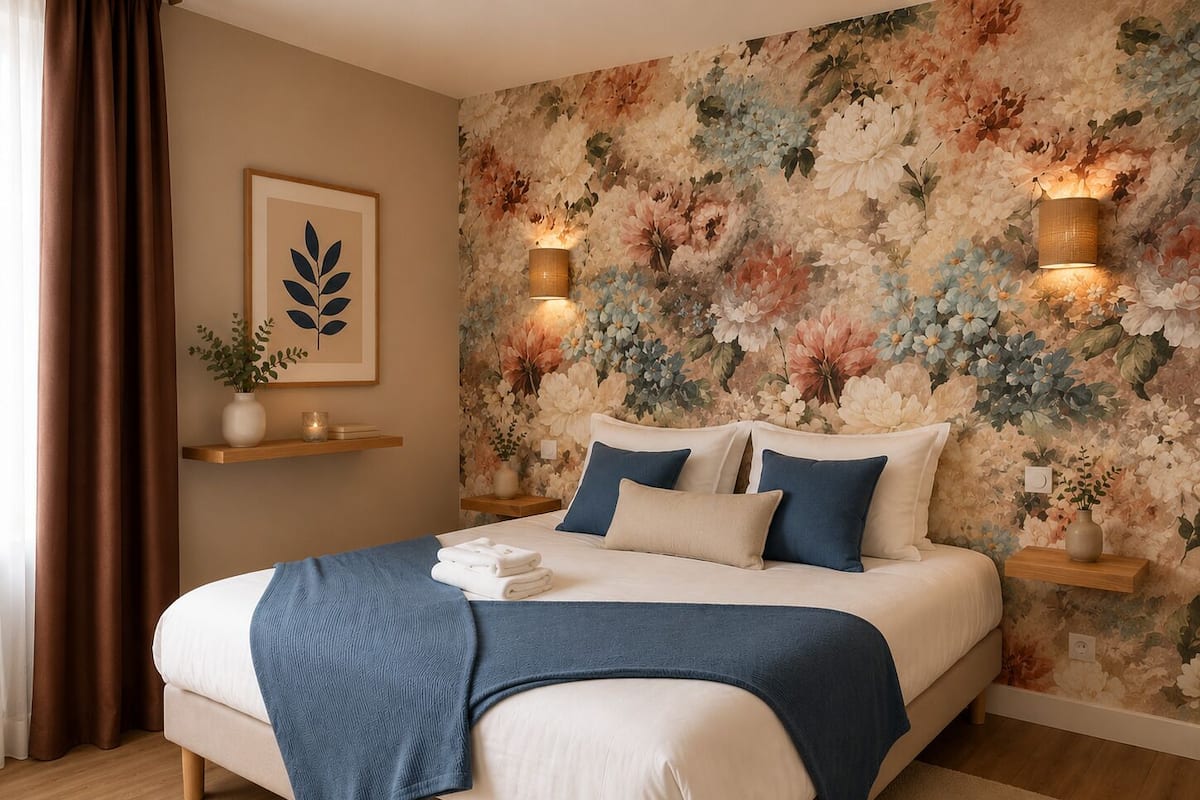 Un dormitorio con papel tapiz floral, una cama con ropa de cama azul y blanca, dos lámparas de pared y una obra de arte enmarcada en la pared.