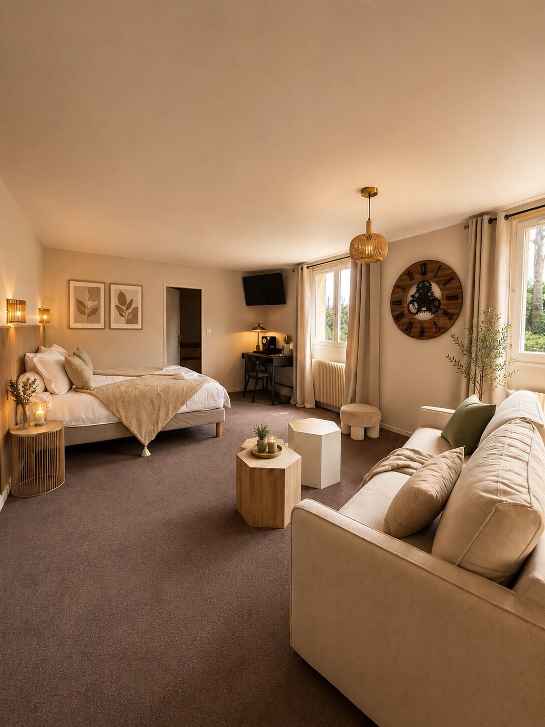 A bedroom with two beds, a desk, a TV, and a large wall clock.
