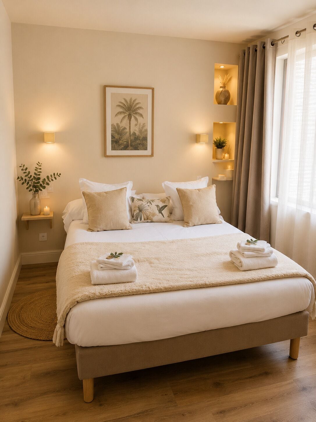 A large bed with a fluffy white blanket, two bedside tables with candles, a framed picture of a palm tree, and a window with curtains.