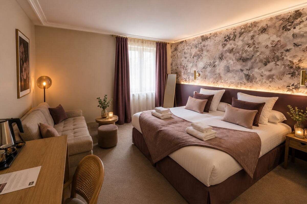Una habitación de hotel con cama, sofá, mesa de comedor y lámpara.