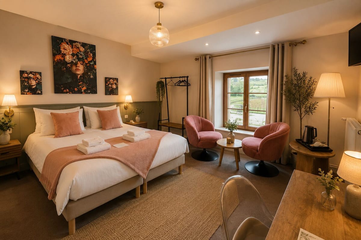 Habitación de hotel con una cama, dos sillas rosas, una mesita, una lámpara y una obra de arte en la pared.