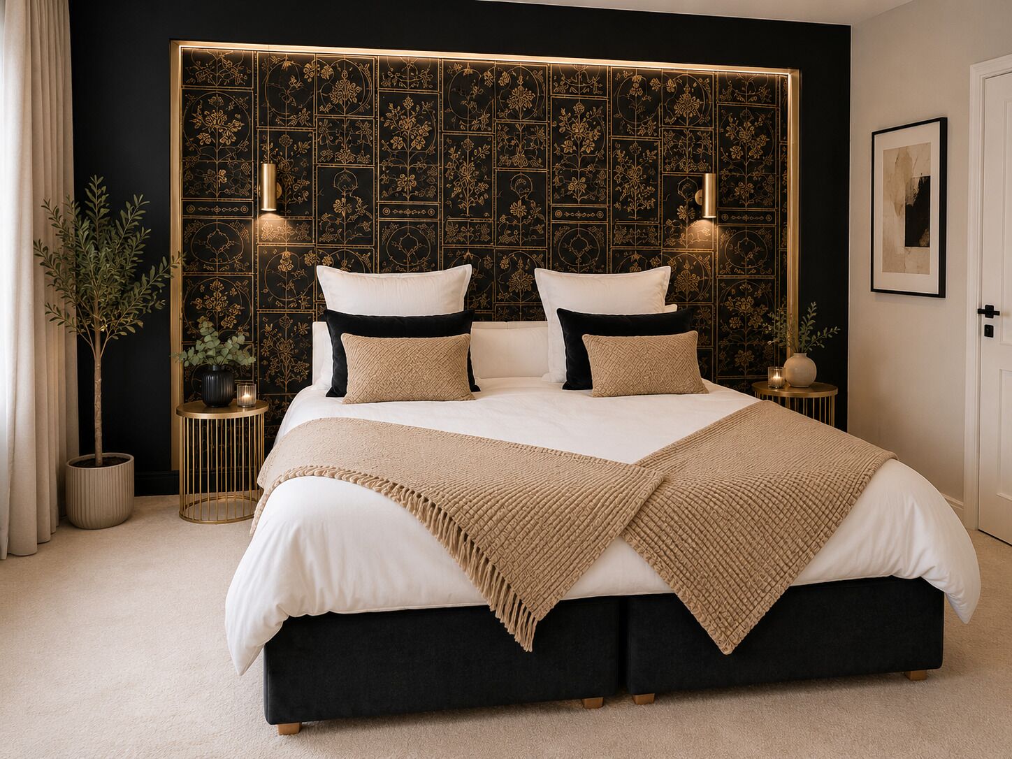 A bed with a black frame, white bedding, and a decorative headboard with a floral pattern.
