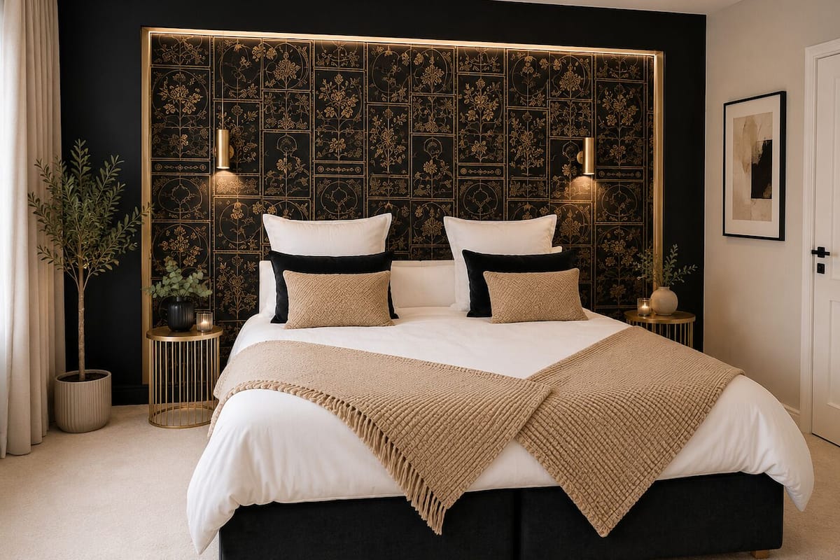 Una cama con estructura negra, ropa de cama blanca y cabecera decorativa con estampado floral.