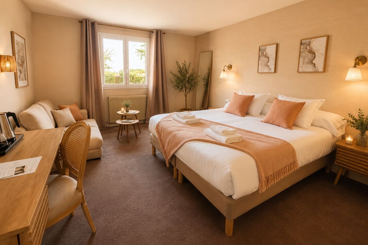 Una habitación de hotel con cama, escritorio, silla, mesita y ventana.