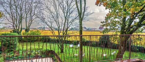 A fenced garden with trees and a grassy area.