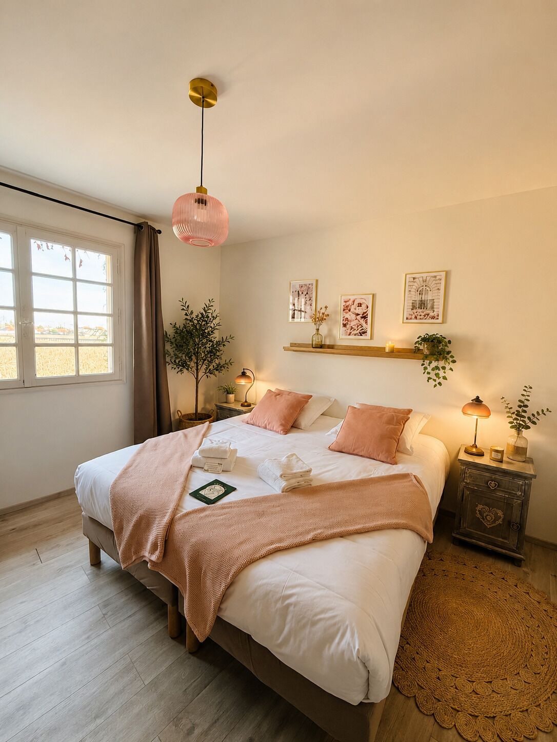 A bedroom with a bed, bedside tables, a window, and a hanging light fixture.