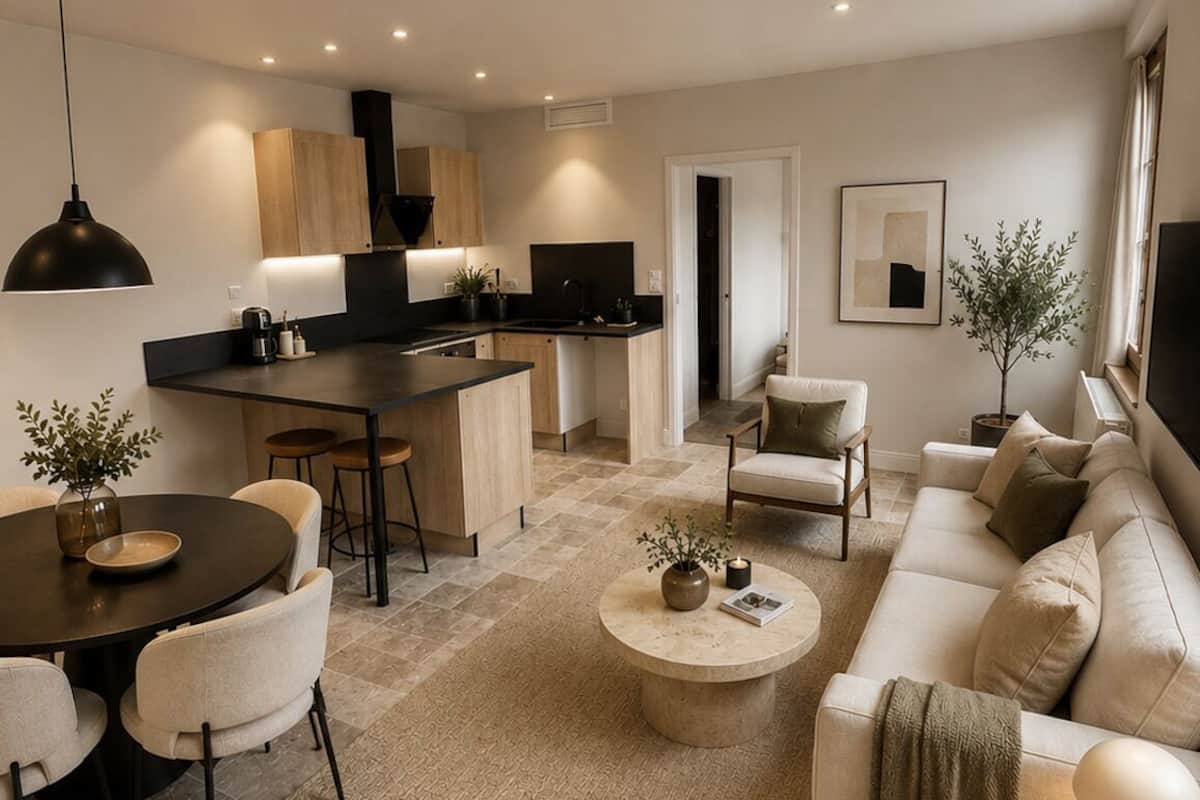 Una sala de estar moderna con comedor, cocina y un ventanal grande.