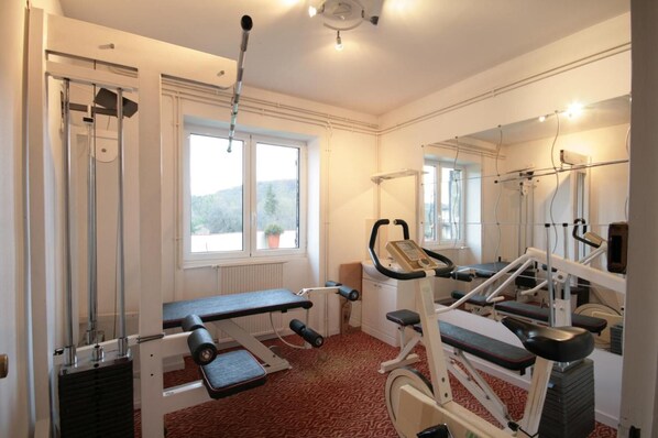 A gym with exercise equipment, large windows, and a red carpeted floor. - Hotel Auberge de la Diège (Capdenac-Gare)
