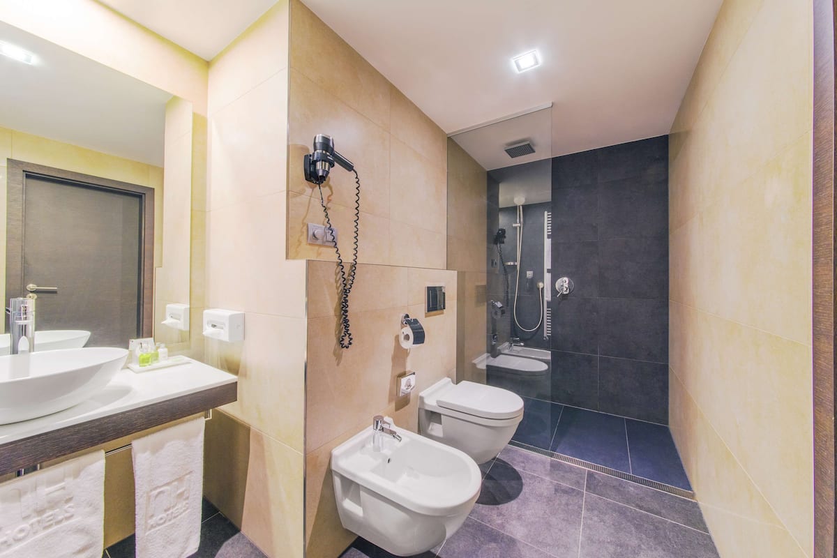 deep-soaking bathtub, rainfall showerhead, eco-friendly toiletries