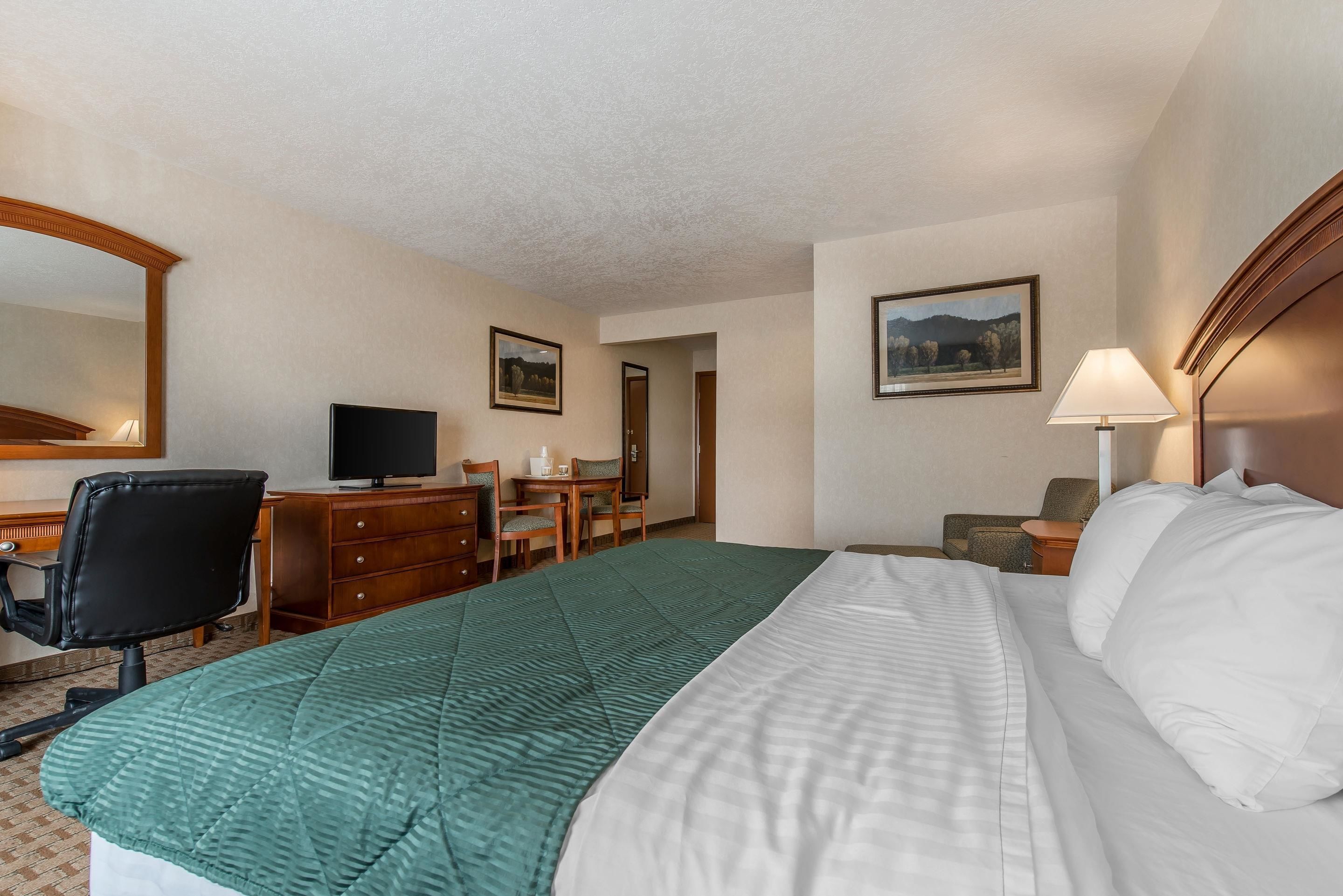 A hotel room with a bed, desk, chair, television, and a mirror.