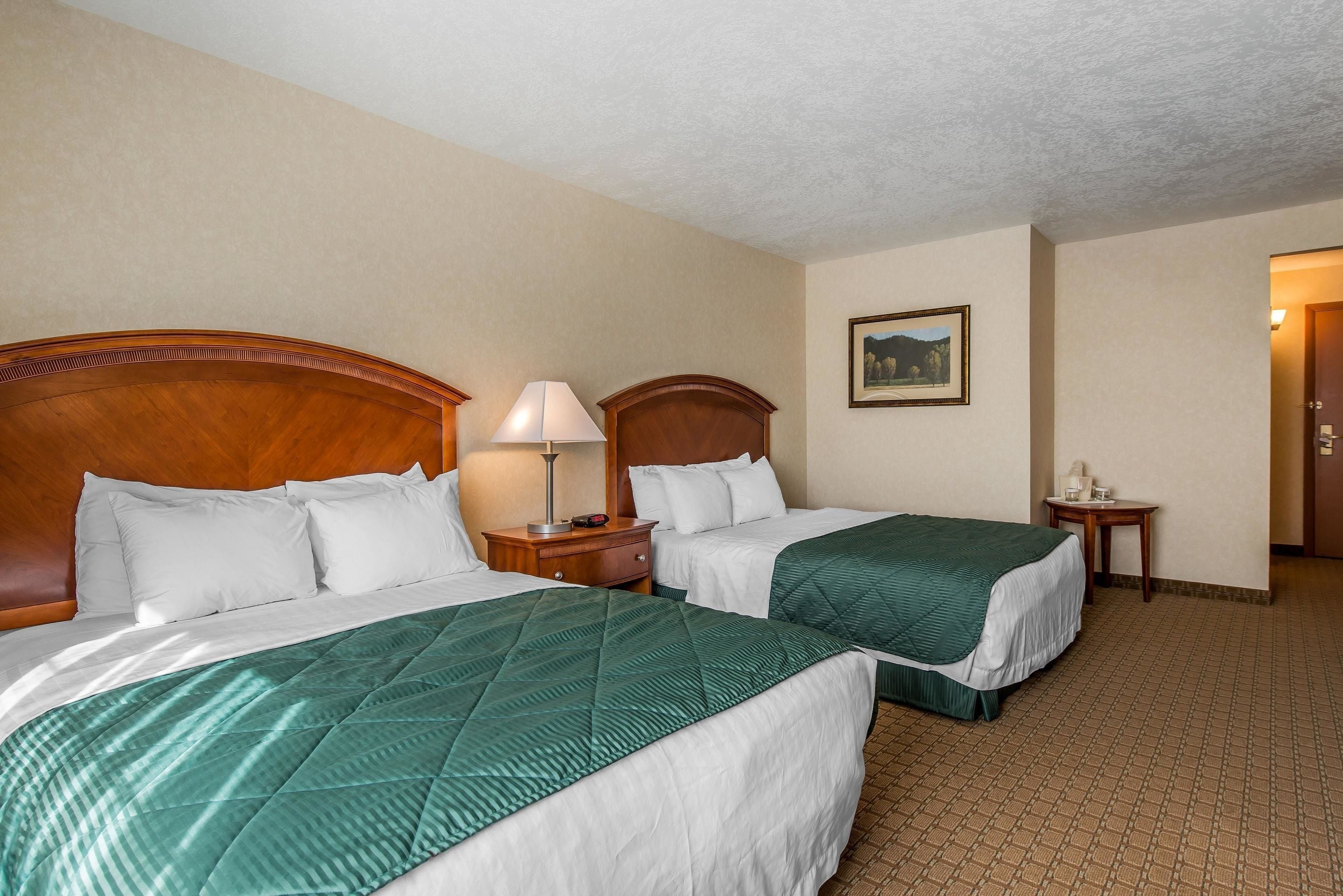 A hotel room with two beds, a nightstand with a lamp, a framed picture on the wall, and a small table with a cup and saucer.