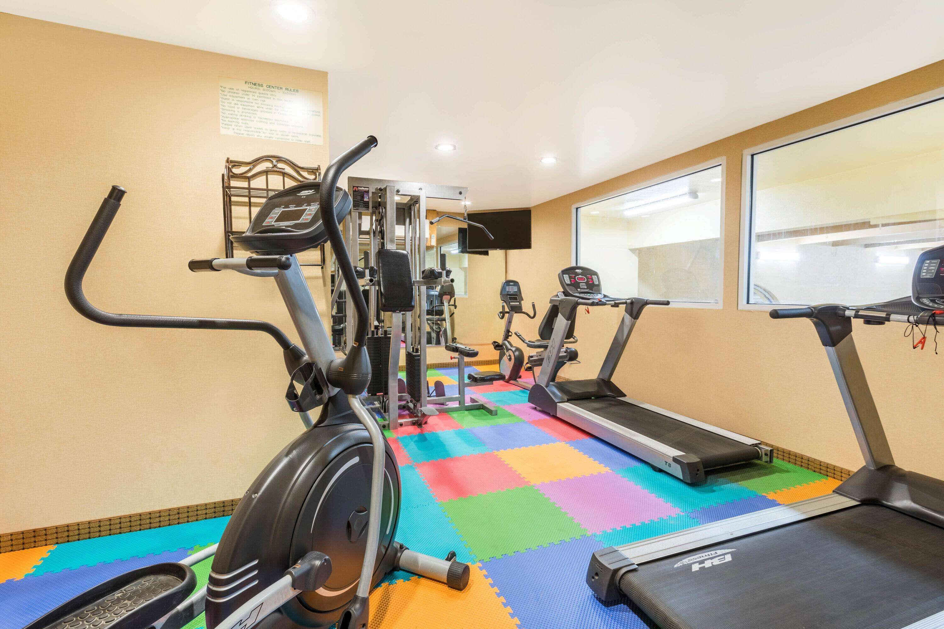 A fitness center with treadmills, elliptical machines, and weight machines on a colorful floor.