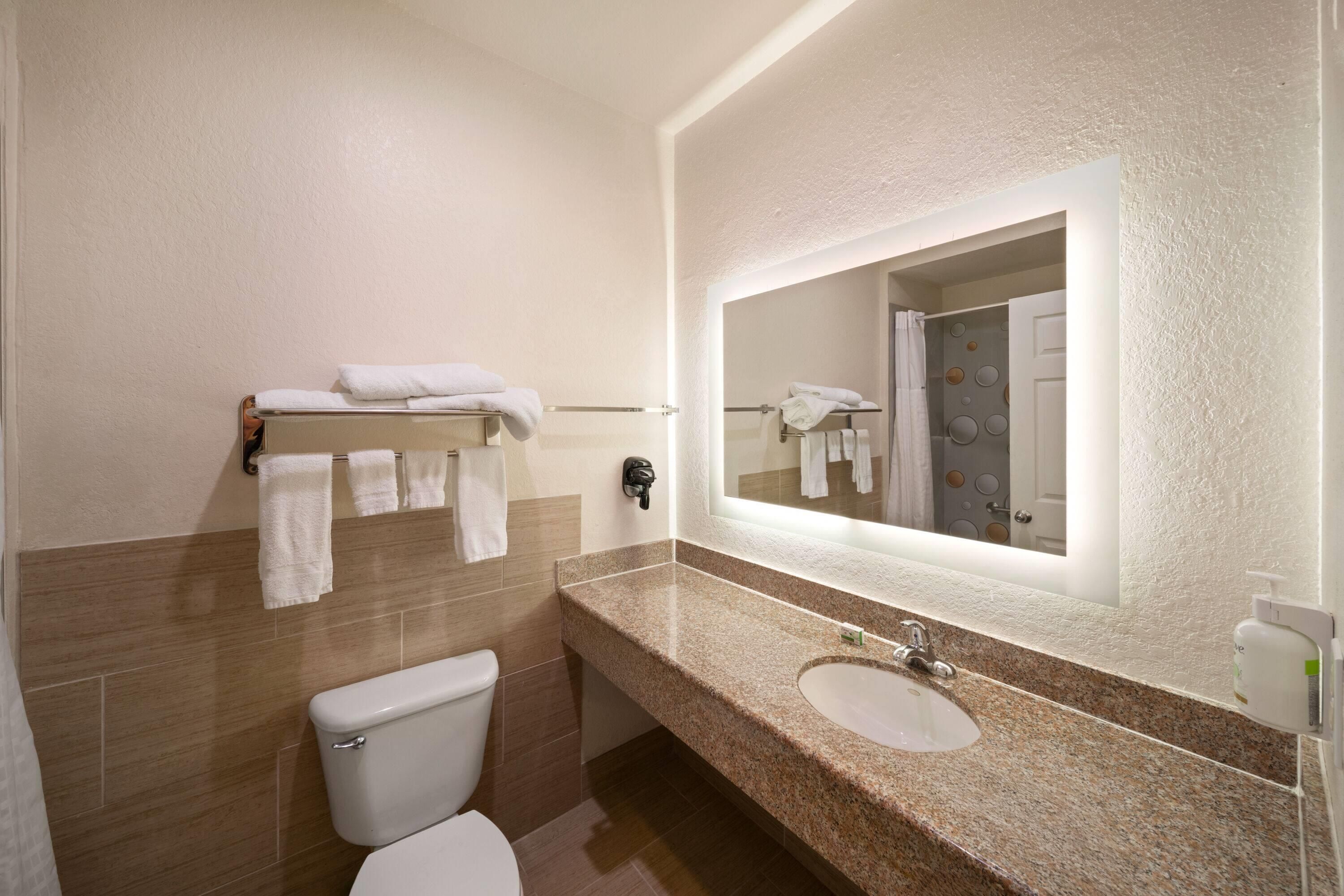 Un baño con inodoro, lavamanos, toallero y espejo.