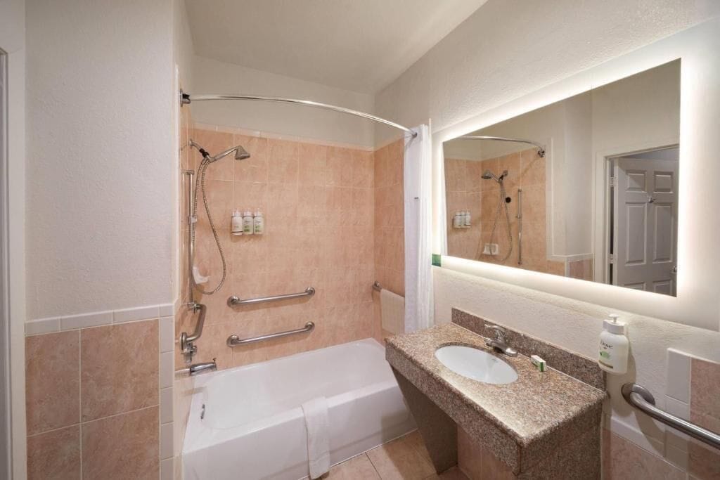Une salle de bain avec une baignoire, un lavabo, une douche et un miroir.