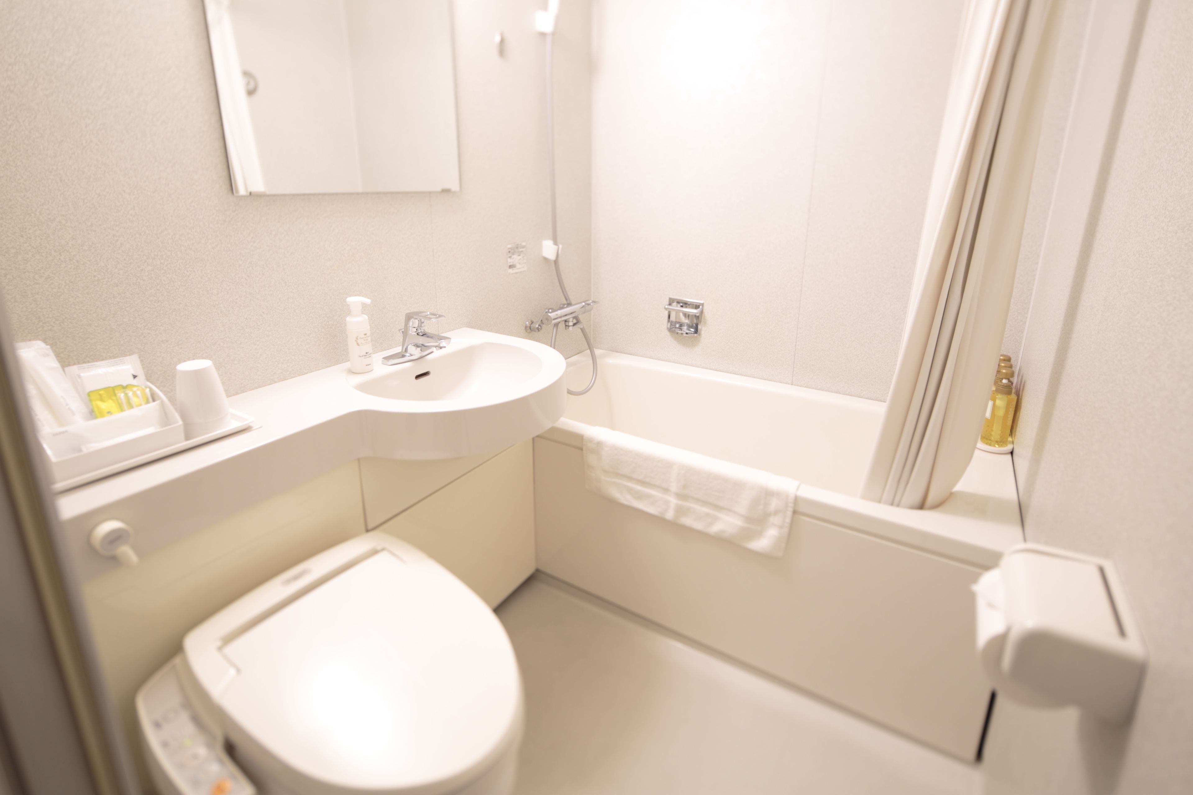 combined shower/bathtub, free toiletries, hair dryer, slippers