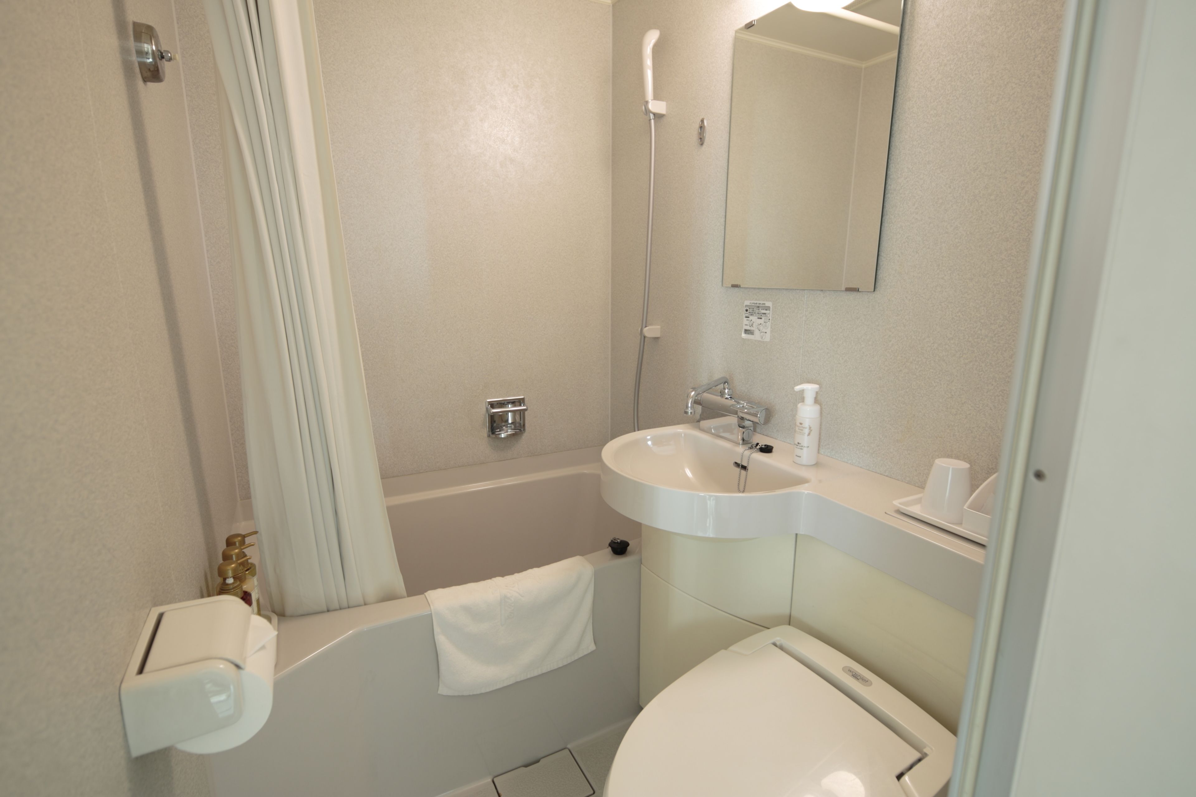 combined shower/bathtub, free toiletries, hair dryer, slippers