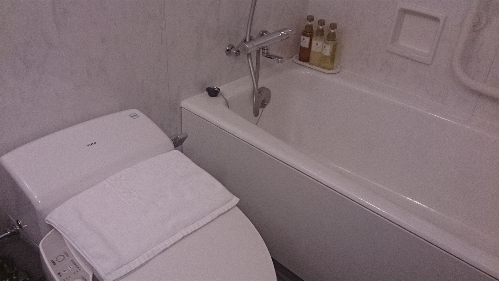 combined shower/bathtub, free toiletries, hair dryer, slippers