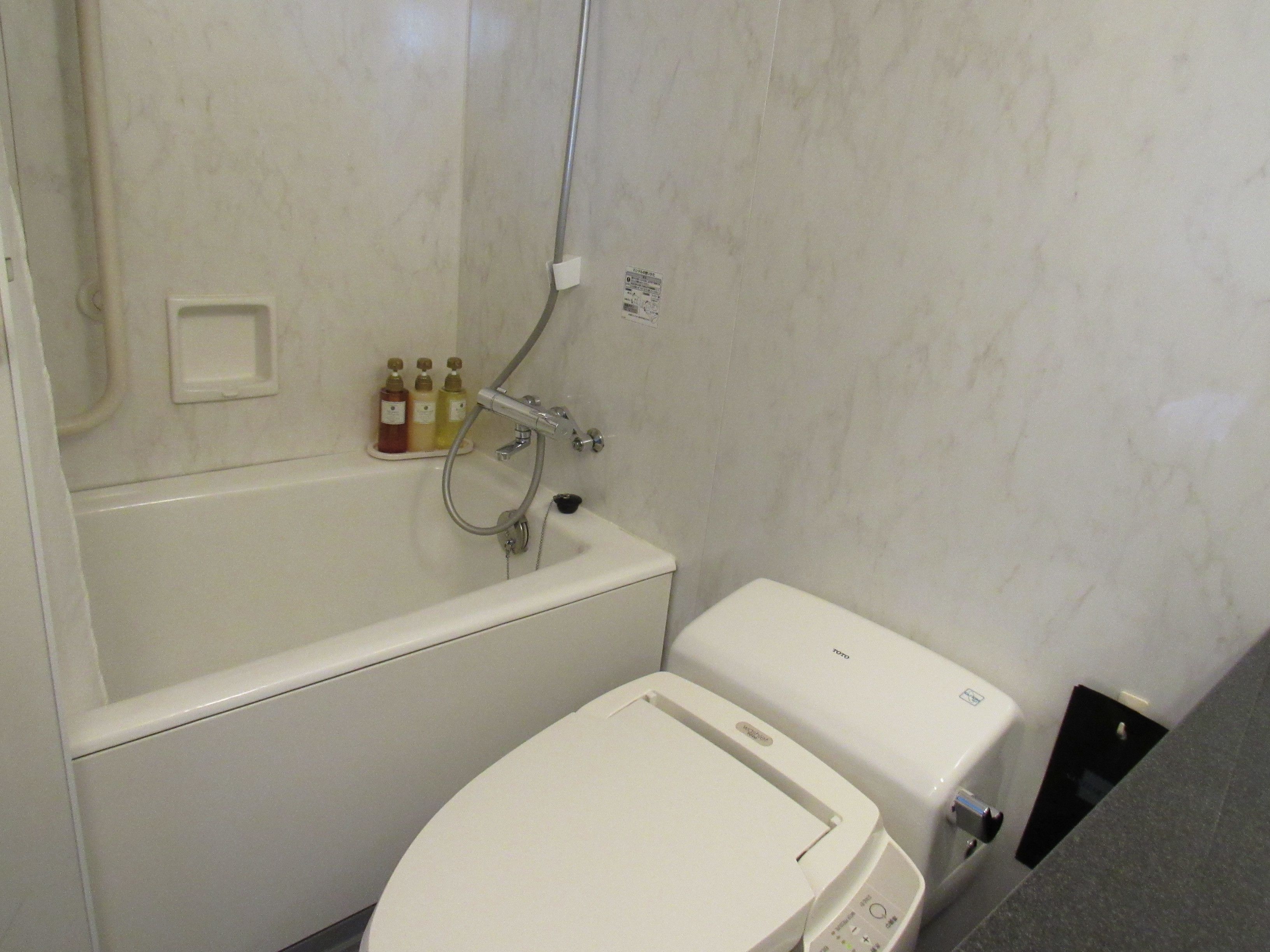 combined shower/bathtub, free toiletries, hair dryer, slippers