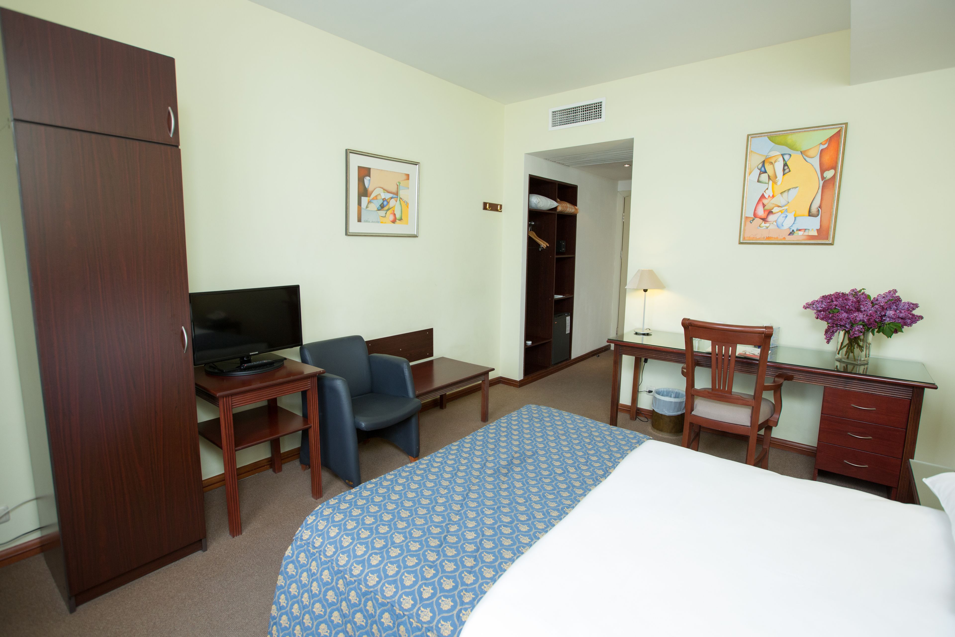 A hotel room with a bed, a desk, a chair, a television, and a wardrobe.