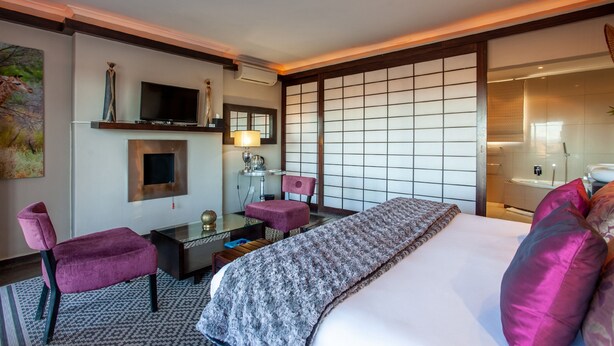 A hotel room with a bed, a desk with a computer, a chair, a TV, and a large window with a view. - Inverdoorn Private Game Reserve (Breede River)