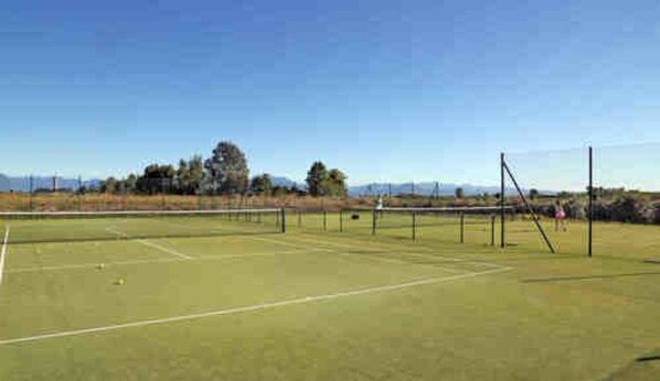 Una cancha de tenis con red, rodeada por una cerca y árboles.