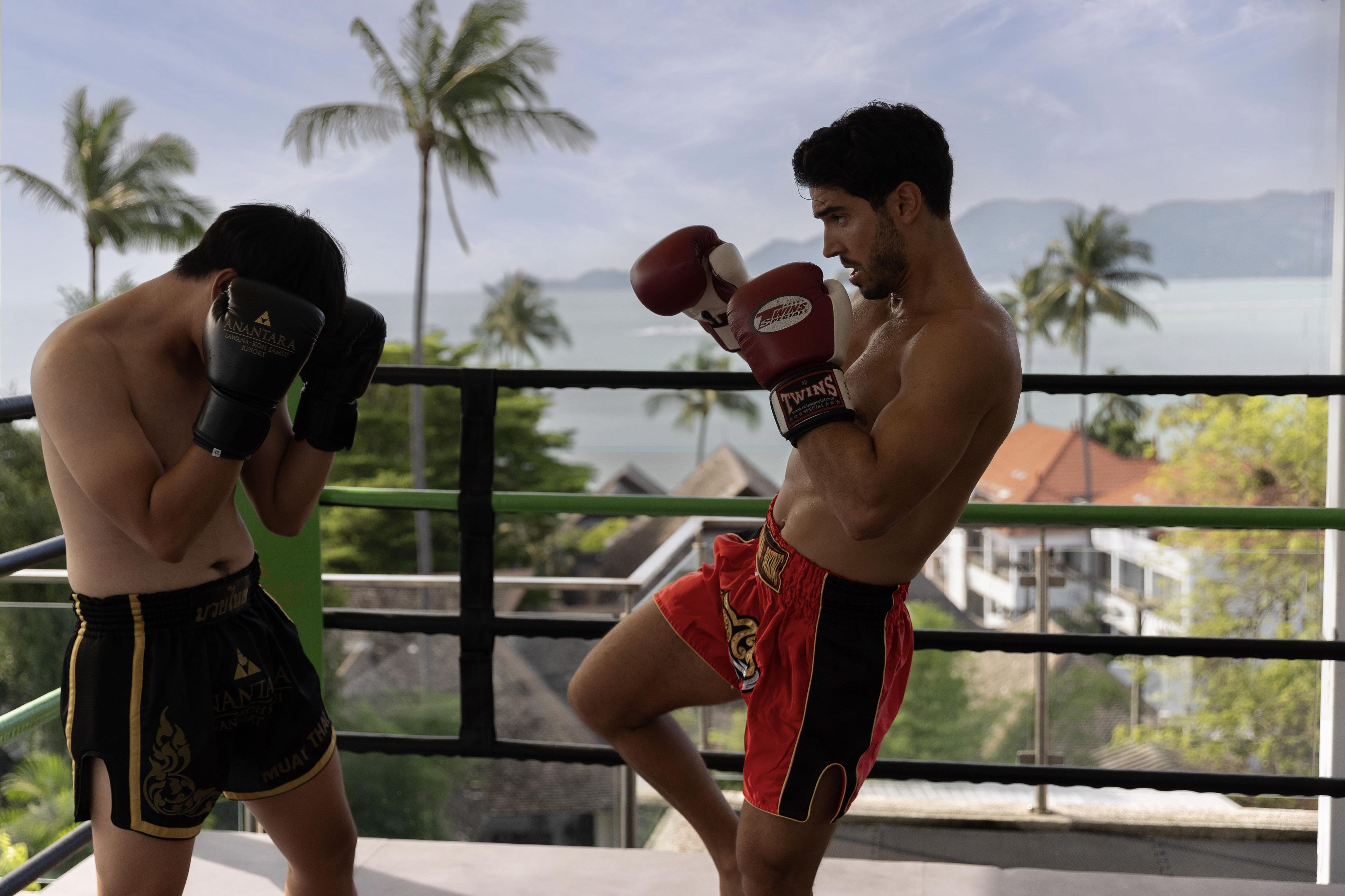 Dos personas en un ring de boxeo, con vistas a palmeras y una masa de agua al fondo.