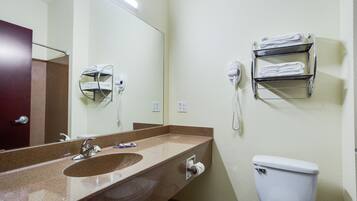 Combined shower/bathtub, free toiletries, hair dryer, towels