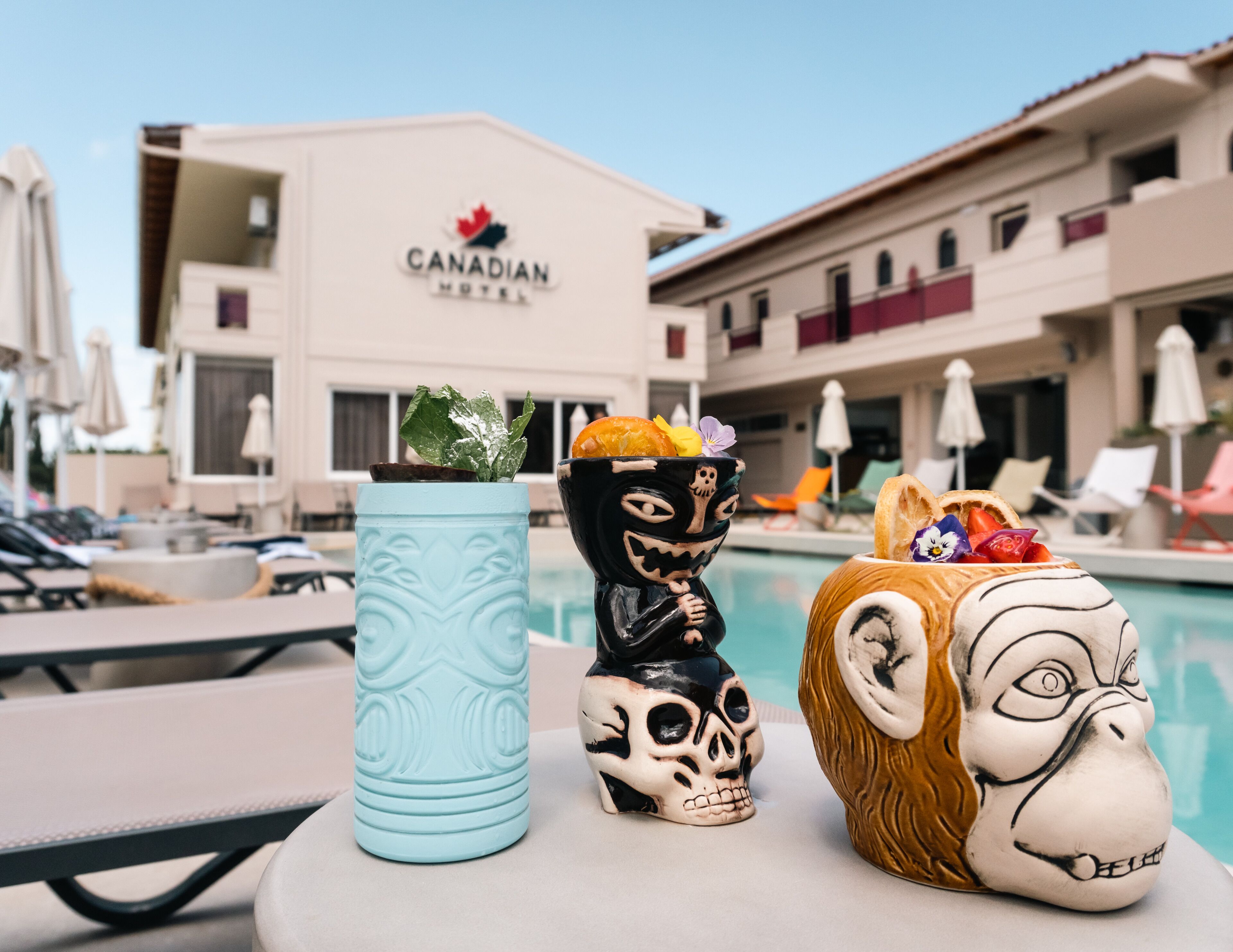 A poolside area with lounge chairs and umbrellas, a Canadian Hotel sign, and decorative items including a skull and a monkey figure.