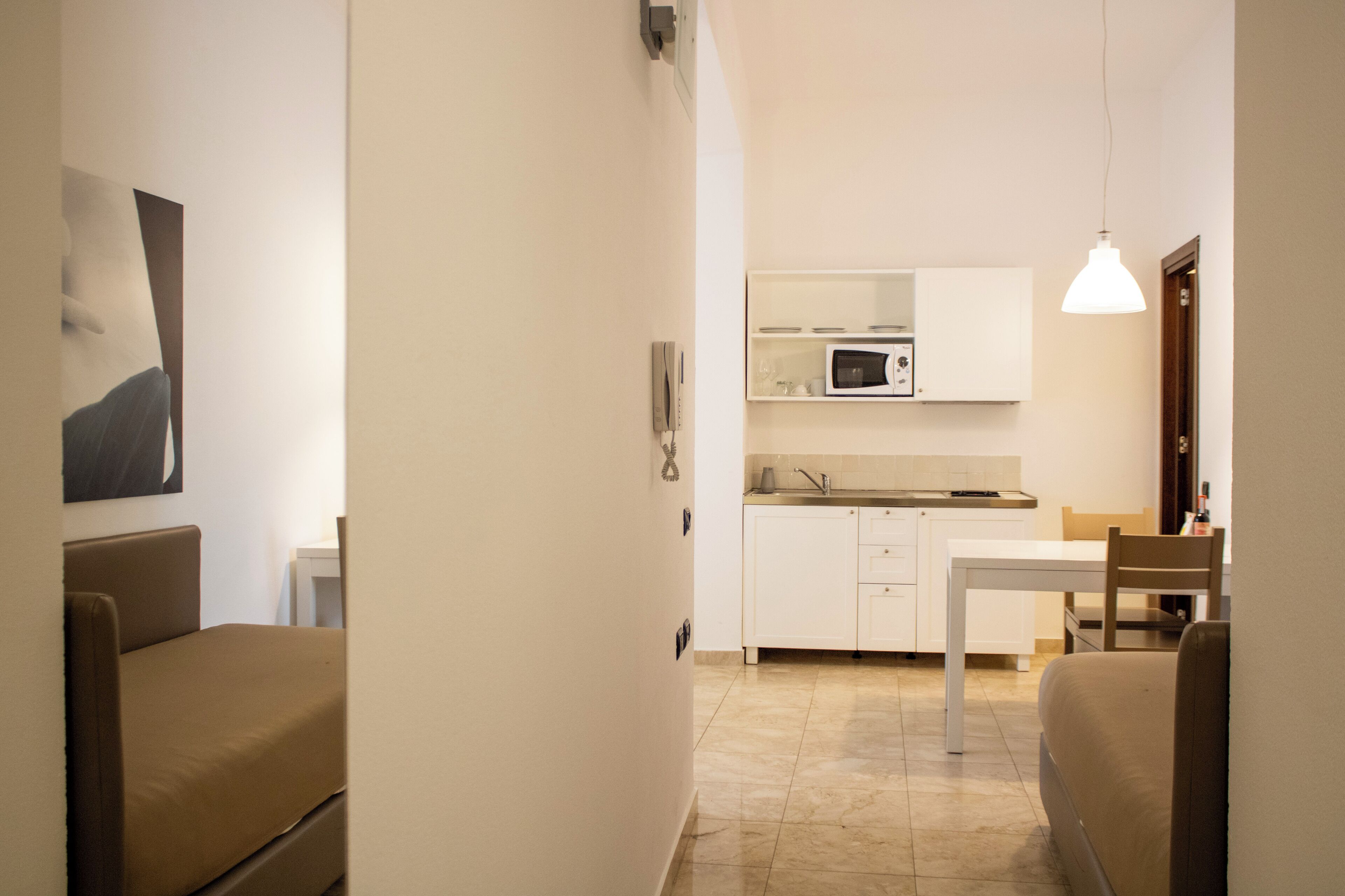 A compact living space with a kitchenette, a dining area, and a sofa.