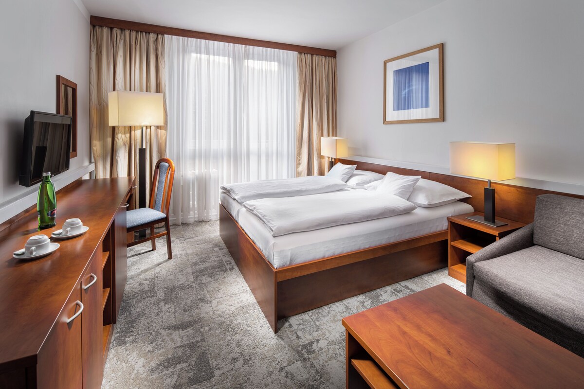 A hotel room with a bed, a desk with a chair, a TV, and a sofa.