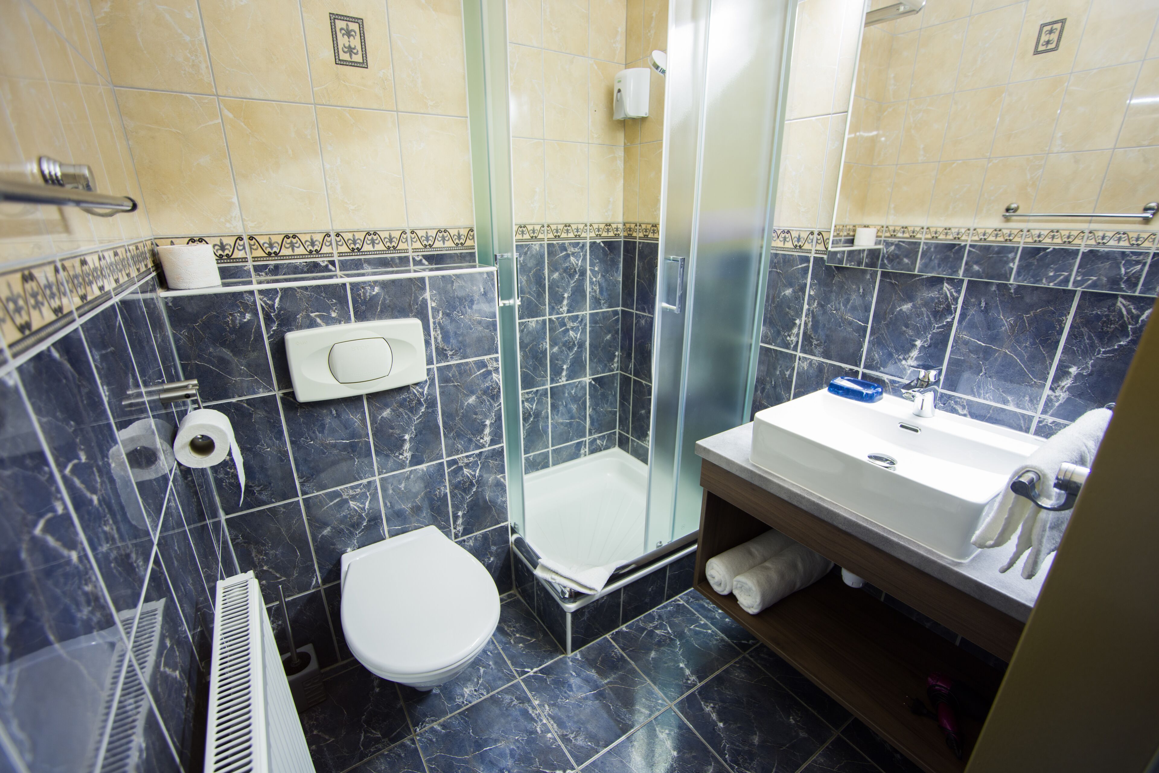 Een badkamer met een toilet, een douche en een wastafel.