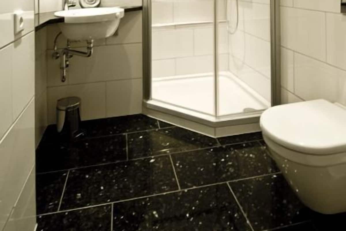 A modern bathroom with a glass-enclosed shower, a white sink, and a toilet.