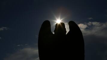 A silhouette of a person with outstretched arms against a sky with the sun shining through.