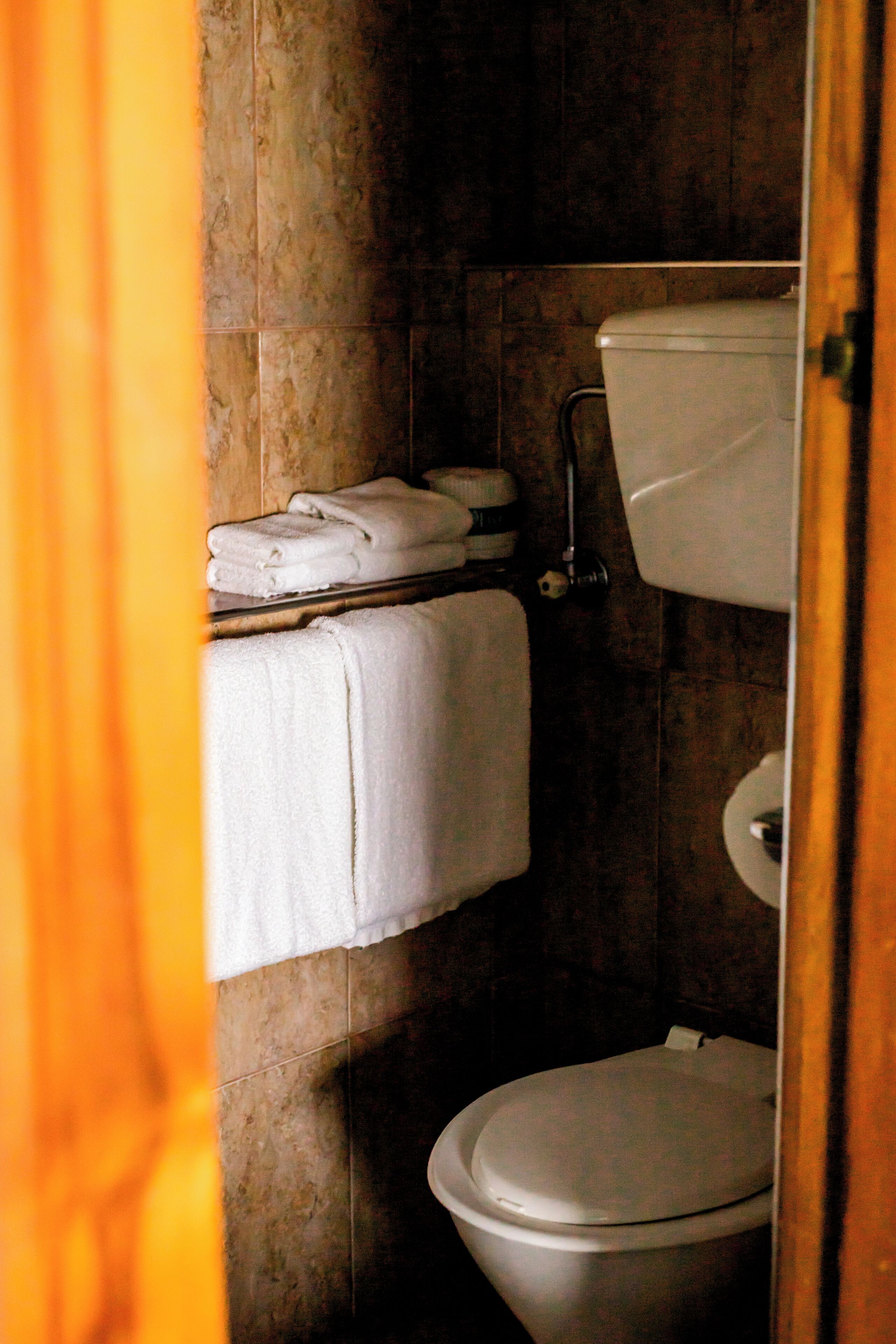 A bathroom with a toilet, a towel rack with folded towels, and a shower curtain partially visible.