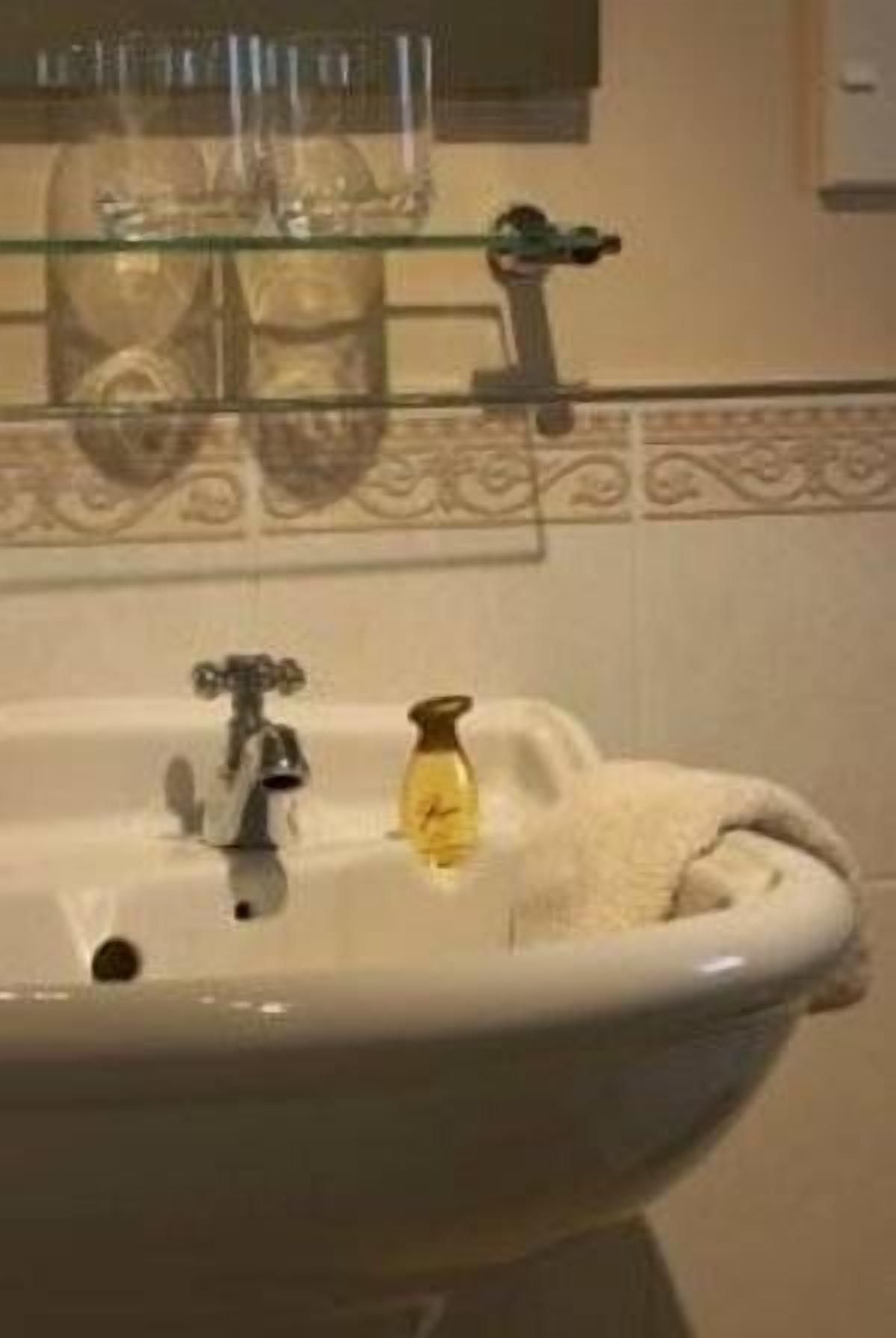 Un lavamanos de baño con un estante de vidrio encima, una toalla colgada en la pared y un borde decorativo de azulejos.