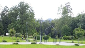 A well-maintained garden with a variety of plants and trees, a paved walkway, and a street lamp. - Garni Hotel Zvon (Zrece)