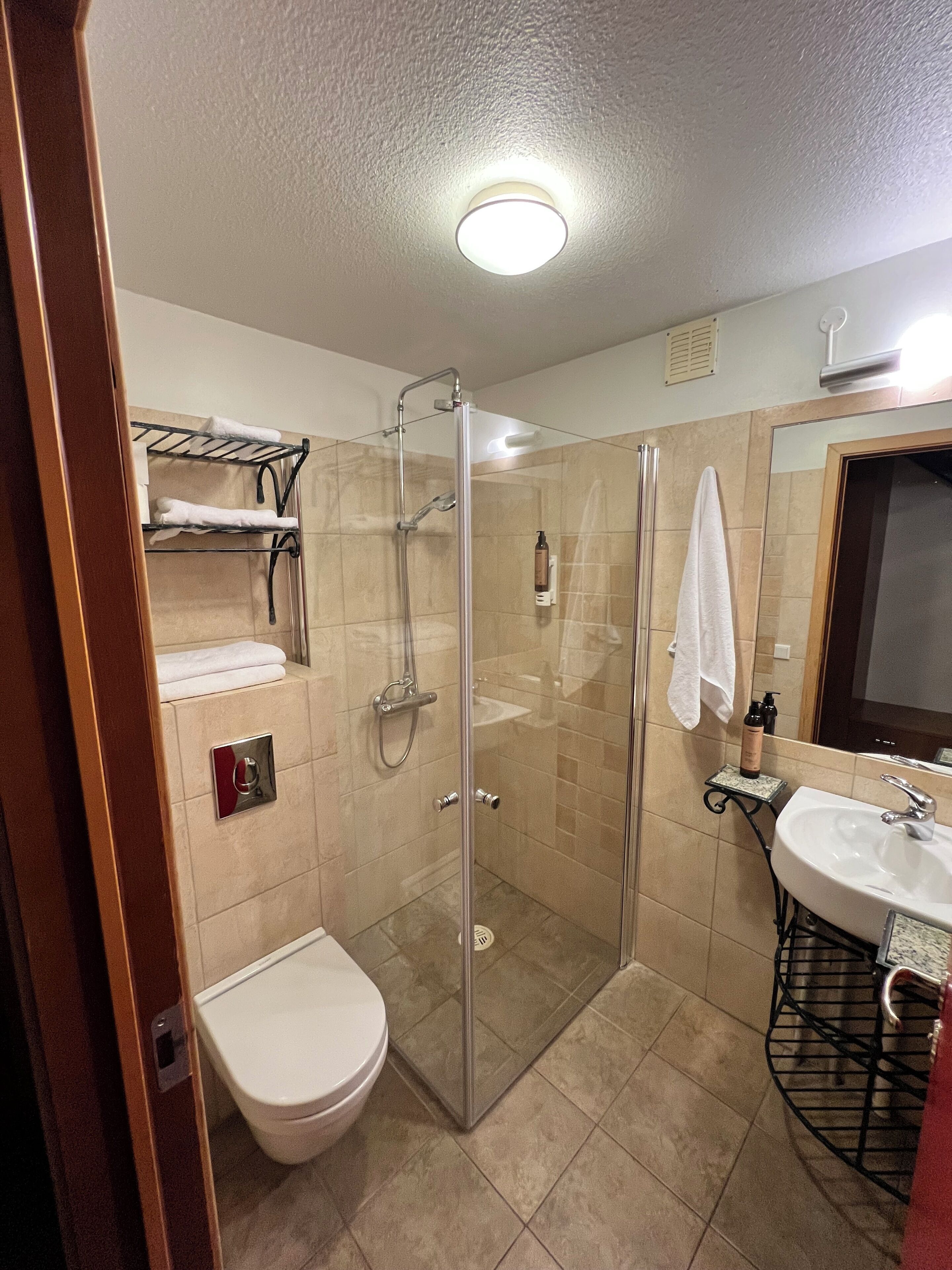 Un baño con ducha envuelta en vidrio, inodoro, lavabo y toallero.