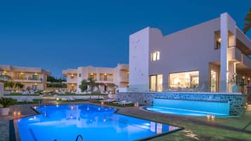 Outdoor pool, pool umbrellas, pool loungers