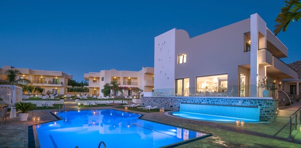 Outdoor pool, pool umbrellas, pool loungers